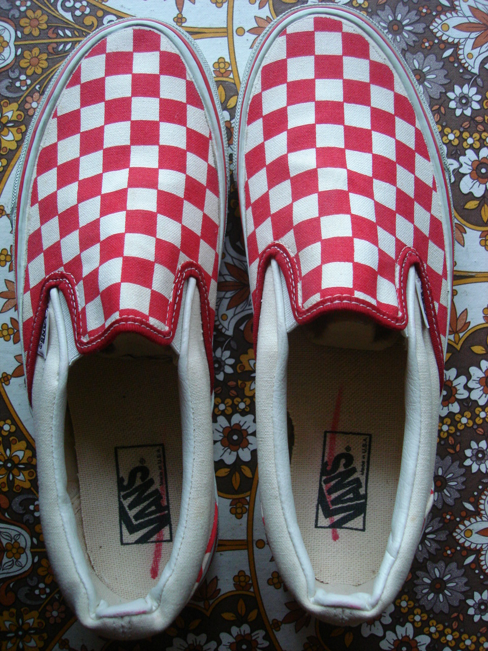 theothersideofthepillow: vintage VANS red white checkerboard SLIP-ON style #98 MADE IN USA 90's
