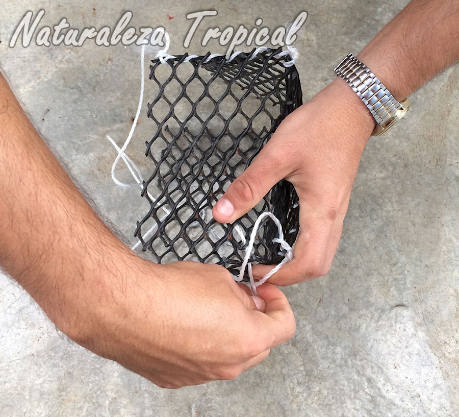 Utilizar los fragmentos de cuerda para unir los bordes de la maceta; esto lo podemos hacer entrelazando el cordel por los bordes de la maceta de manera que el tejido mantenga los bordes unidos. Los cordeles deben unir dos bordes diagonales, es decir, unir en forma de X.