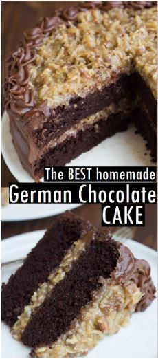 The BEST homemade German Chocolate Cake with layers of coconut pecan frosting and chocolate frosting. This cake is incredible! #cake #homemade #chocolate