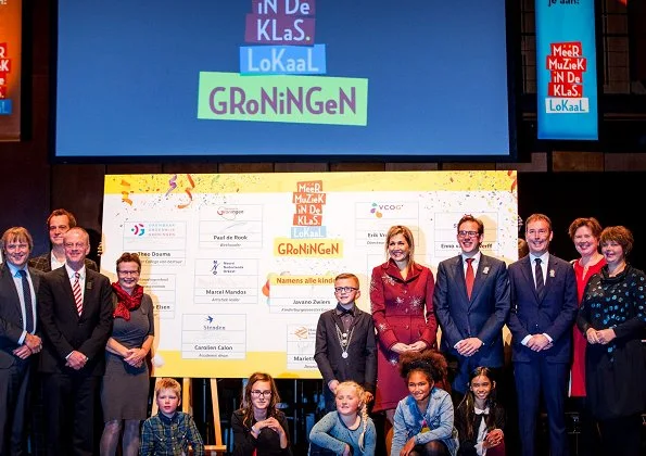 Queen Maxima wore Claes Iversen Sirius Coat at More Music in the Classroom lunch at Oosterpoort Center