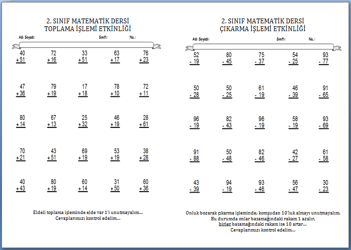 Toplama Çıkarma İşlemleri 2. Sınıf Çalışma Sayfası - dersteknik.com