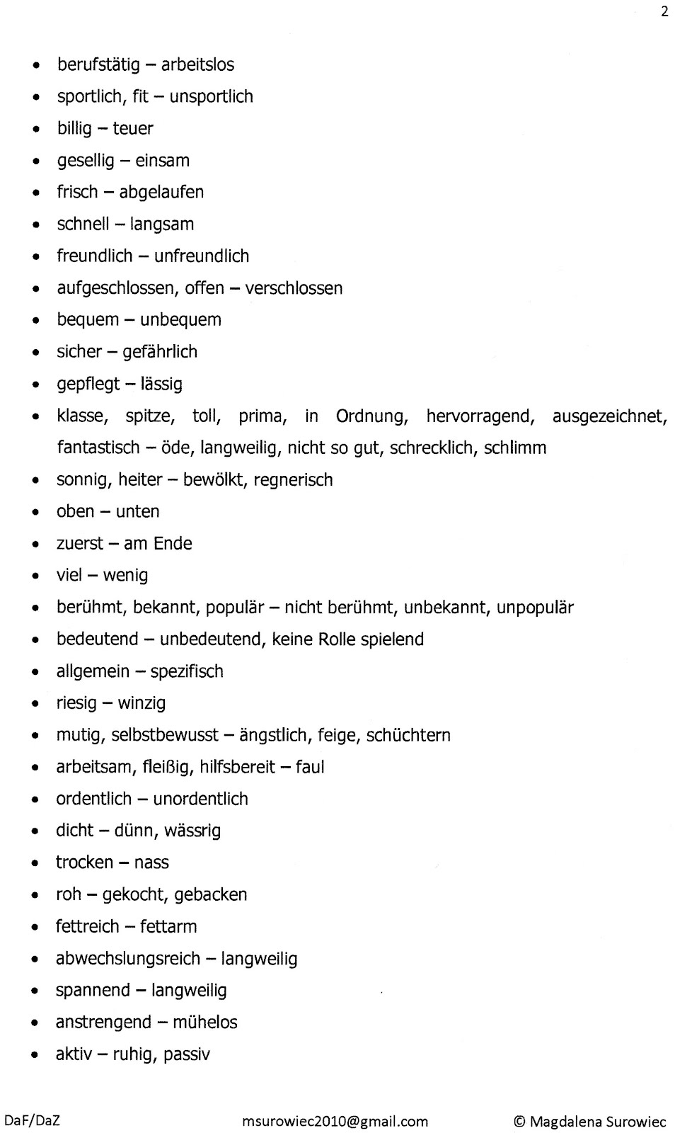 "Aspekte der Germanistik" Antonyme Wortschatz. A1
