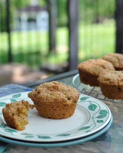Rhubarb Muffins ♥ KitchenParade.com, less sweet, all whole-wheat, moist and fruity.