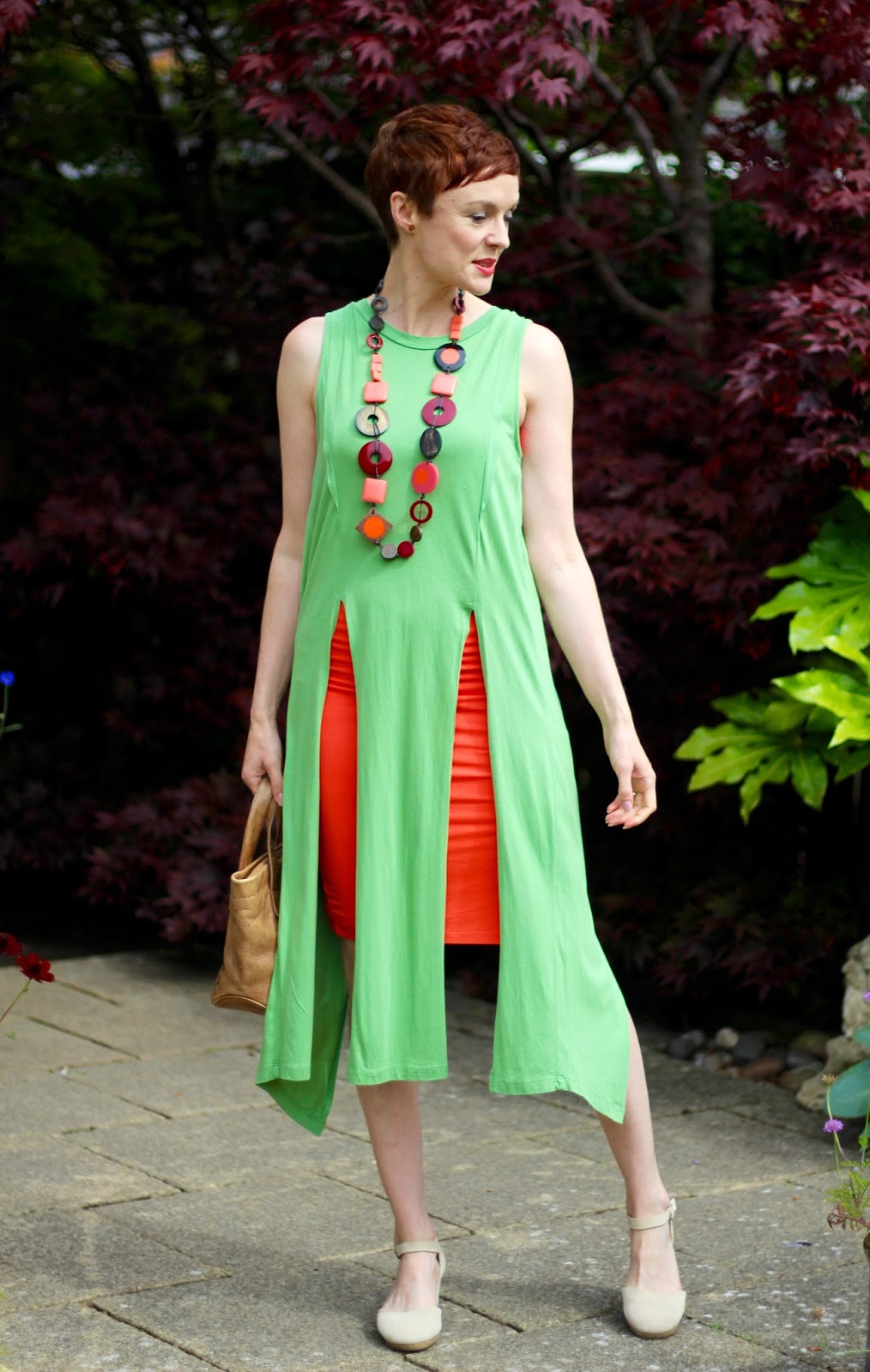 How to Tone Down a Tight Dress | Orange Dress & Green Tunic