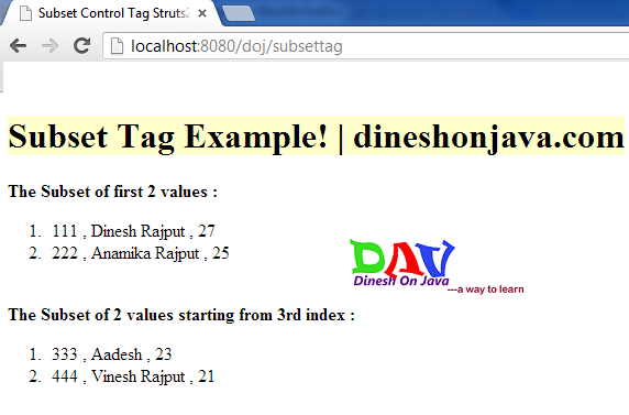 Struts2 subset Tag Example