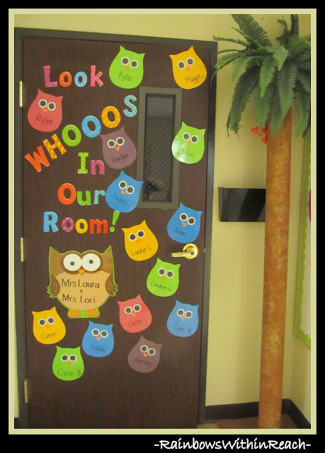 photo of: Classroom Door on Owl Theme w DIY Palm Tree via RainbowsWithinReach