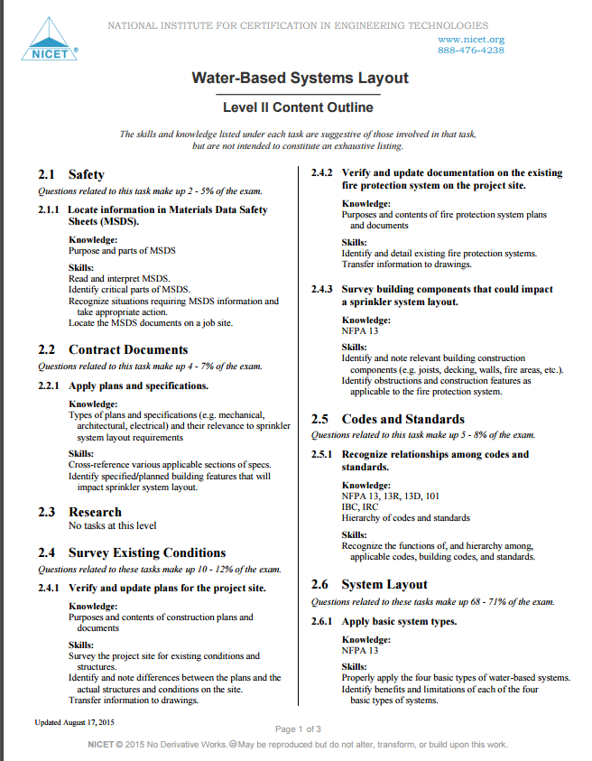 NICET Water Based Systems Layout I, II & III