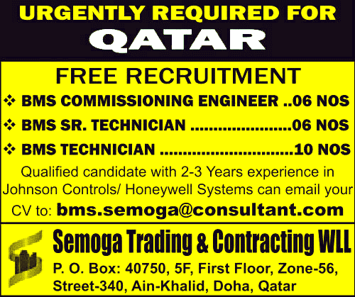 Qatar : Urgently Required For Semoga Trading and Contracting WLL