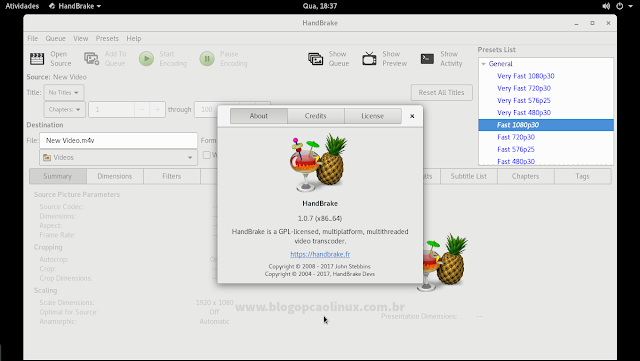 Janela principal do HandBrake sendo executado no openSUSE Leap 42.3 (GNOME)