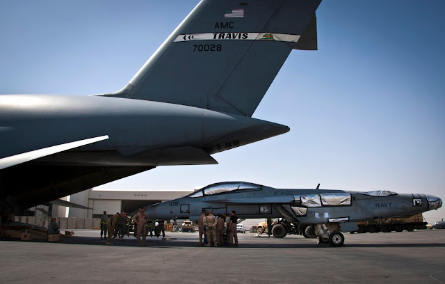 Loading an F/A-18 Super Hornet onto a C-5 Galaxy.