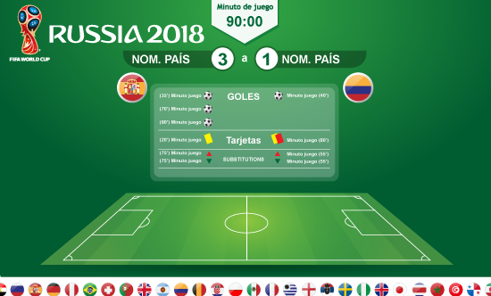 Las 32 banderas de Rusia 2018 y tablero para resultados