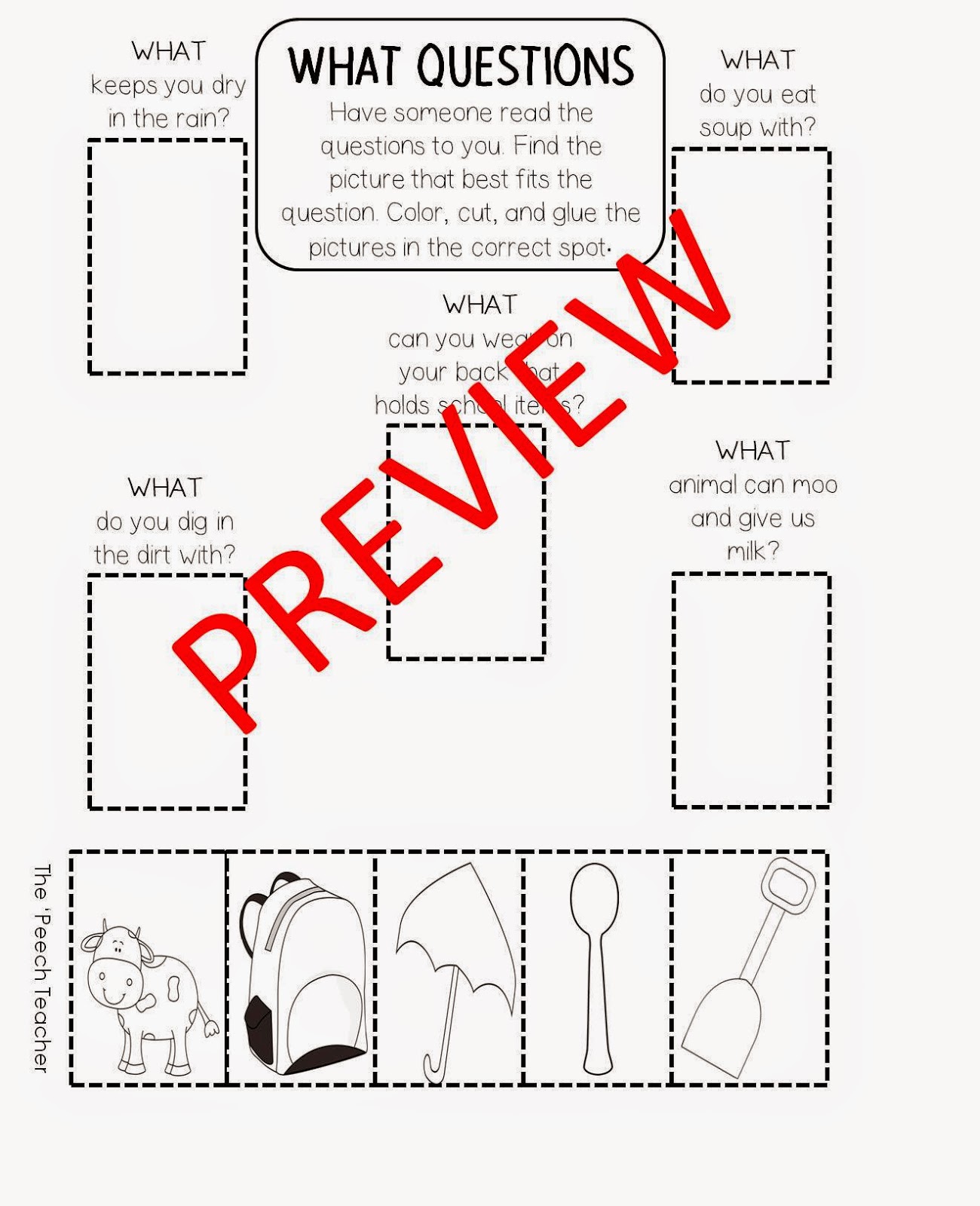 The 'Peech Teacher: Color, Cut, and Glue Wh- question Packet