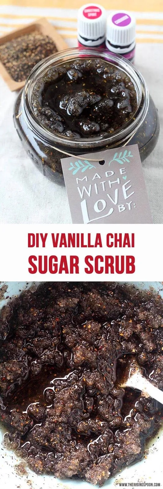 DIY Chai Vanilla Sugar Scrub: an easy homemade body scrub you can make in minutes with inexpensive ingredients. Apply this warm & cozy scrub to your body after a long day and you'll feel pampered in no time!