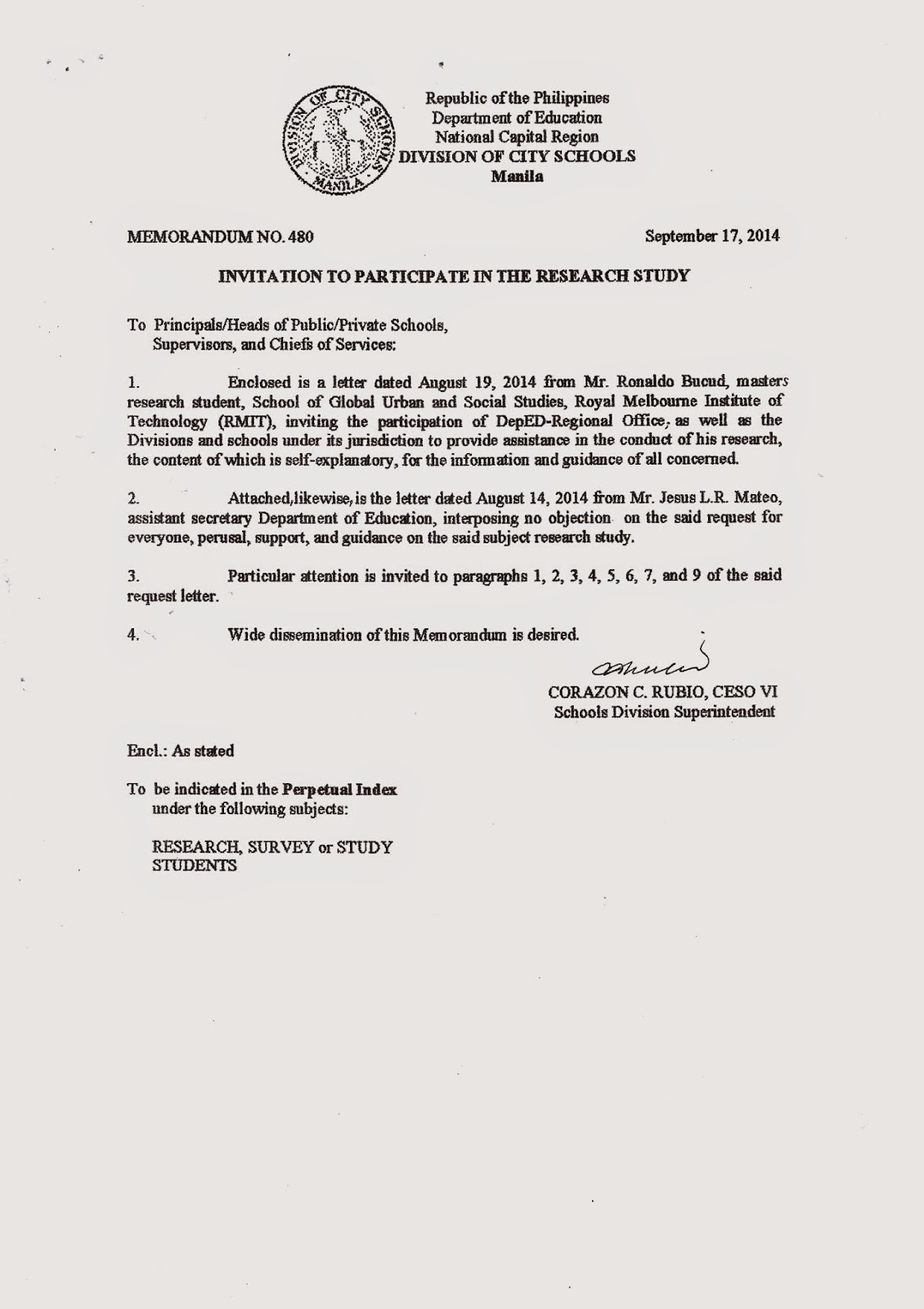 Department of Education Manila Division Memorandum No. 480 INVITATION TO PARTICIPATE IN THE