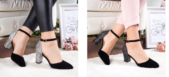 Pantofi de zi decupati negri cu toc din glitter eleganti piele co intoarsa Pantofi de zi decupati negri cu toc din glitter eleganti piele co intoarsa