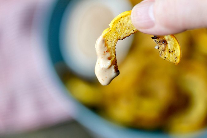 Delicata Squash Fries dipped in Chipotle Garlic Dipping Sauce