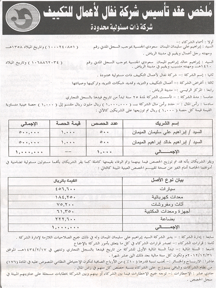 ننشر صورة من عقد تأسيـس الشركة ذات المسئولية المحدودة بوابة فيتو
