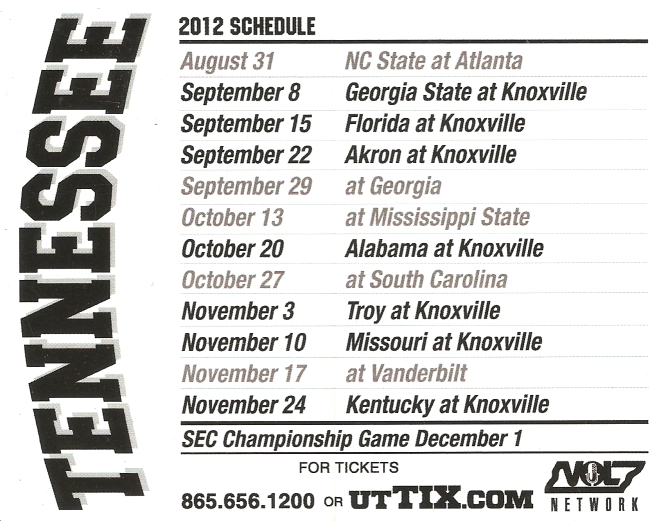 Mark's Ephemera: Tennessee Football 2012 Pocket Schedule