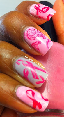 Lacquer Lockdown - breast cancer awareness, stamping, bundle monster 2013, bundle monster, nail art, breast cancer nail art, october nail art, cute nails, easy nail art, essie french affair, fancy gloss barbie girl, thermal polish, indie polish, breast cancer ribbon nail art, 