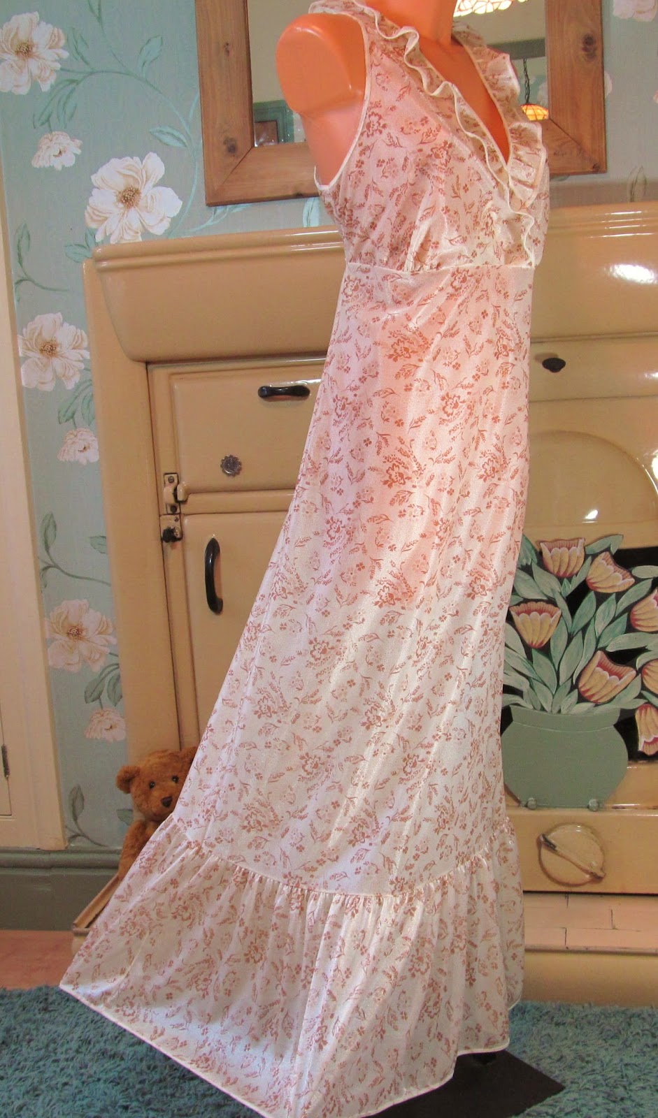 Vintage Graziella nude brown sissy frilly long maxi nightie gown dress