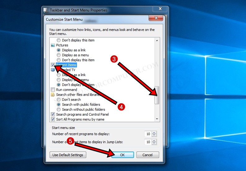 How to add recent items to start menu in windows 7