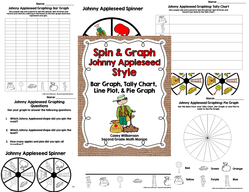 http://www.teacherspayteachers.com/Product/Spin-Graph-Johnny-Appleseed-Bar-Graph-Tally-Chart-Line-Plot-Pie-Graph-1446244