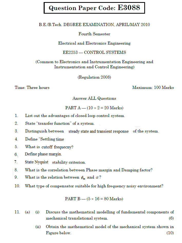 EE2253 Control Systems April May 2010 Question Paper University