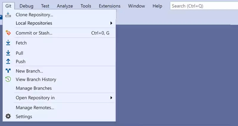 The new top-level Git menu in Visual Studio 2019