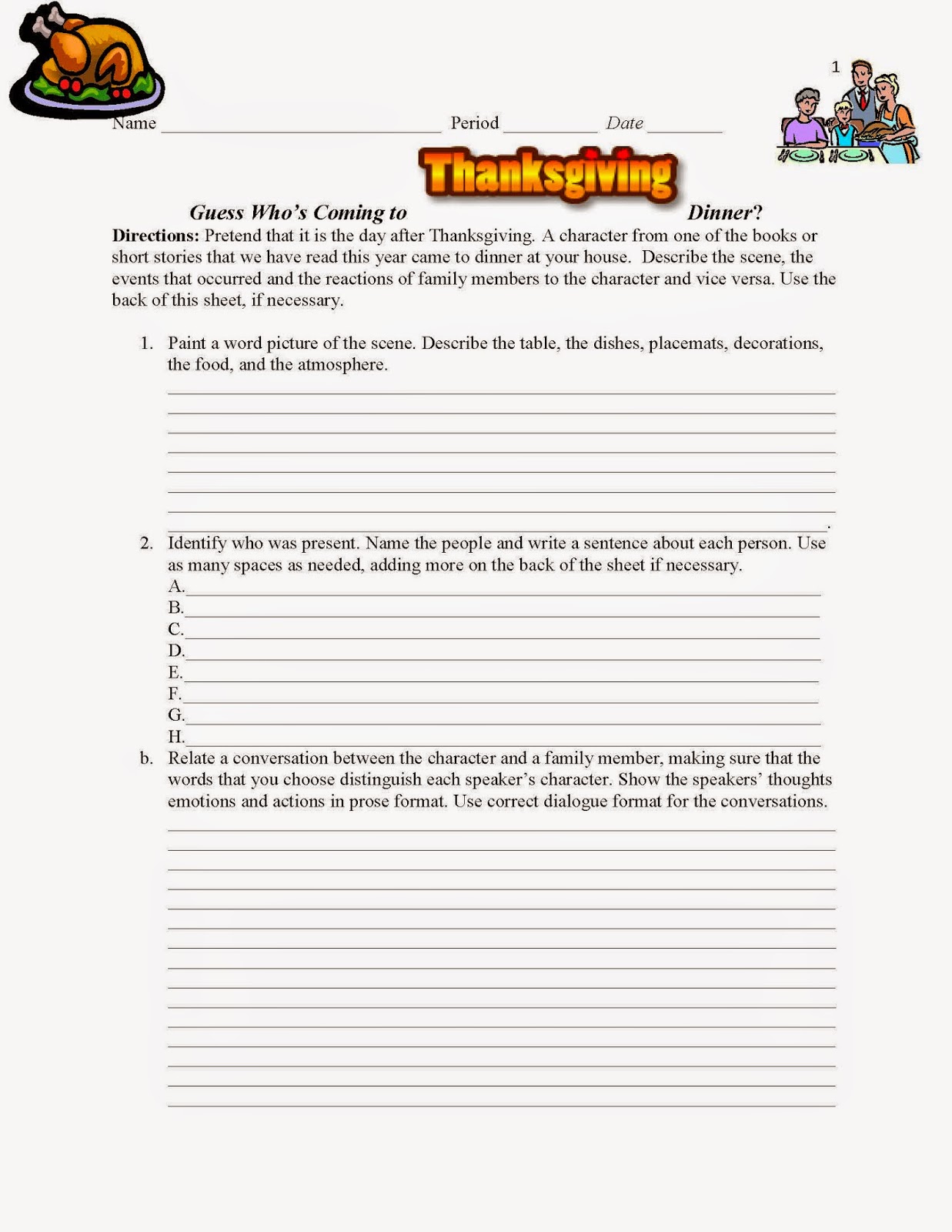 Comprehension Activity: Guess Who's Coming to Thanksgiving Dinner?