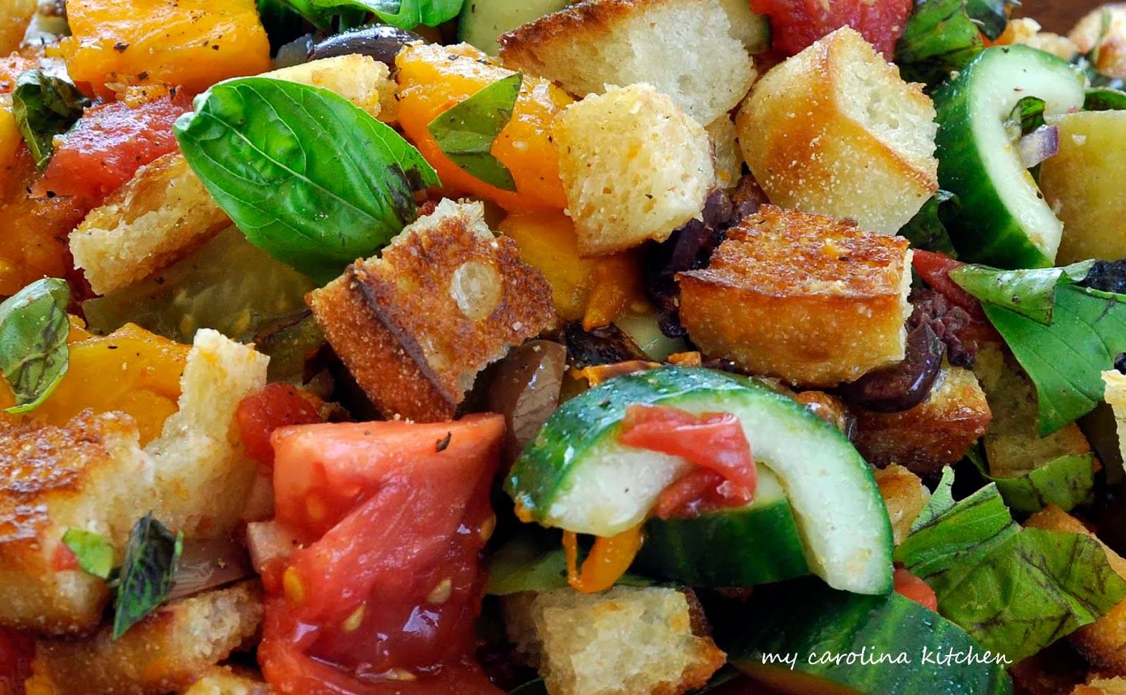 My Carolina Kitchen Bread Salad with Charred Tomatoes, Cucumbers