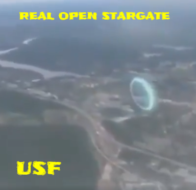 Stargate dimensional portal filmed from the window of a plane.