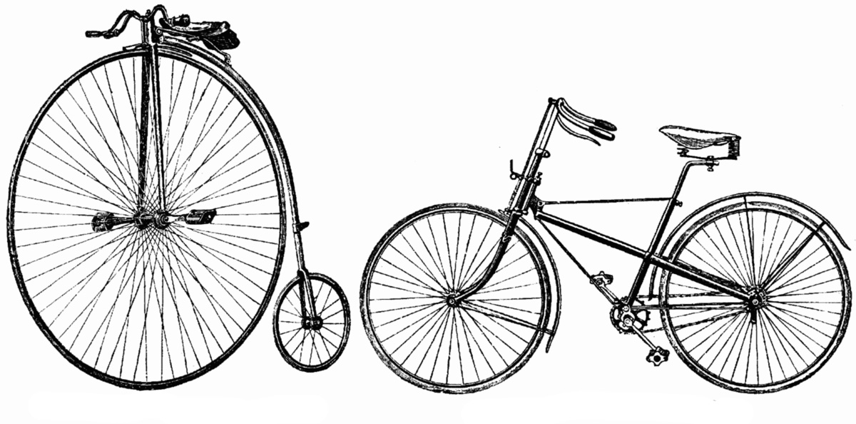A high wheel bicycle and a saftey bicycle late 1800s