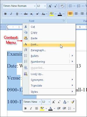 Context Menu of MS Word 2007