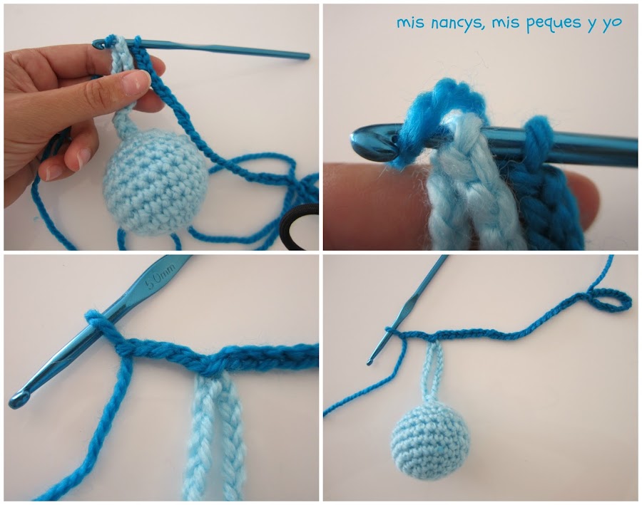 mis nancys, mis peques y yo, guirnalda con bolas de crochet, enganche de bolas a la guirnalda