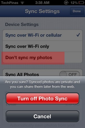 turn off auto sync photos iphone