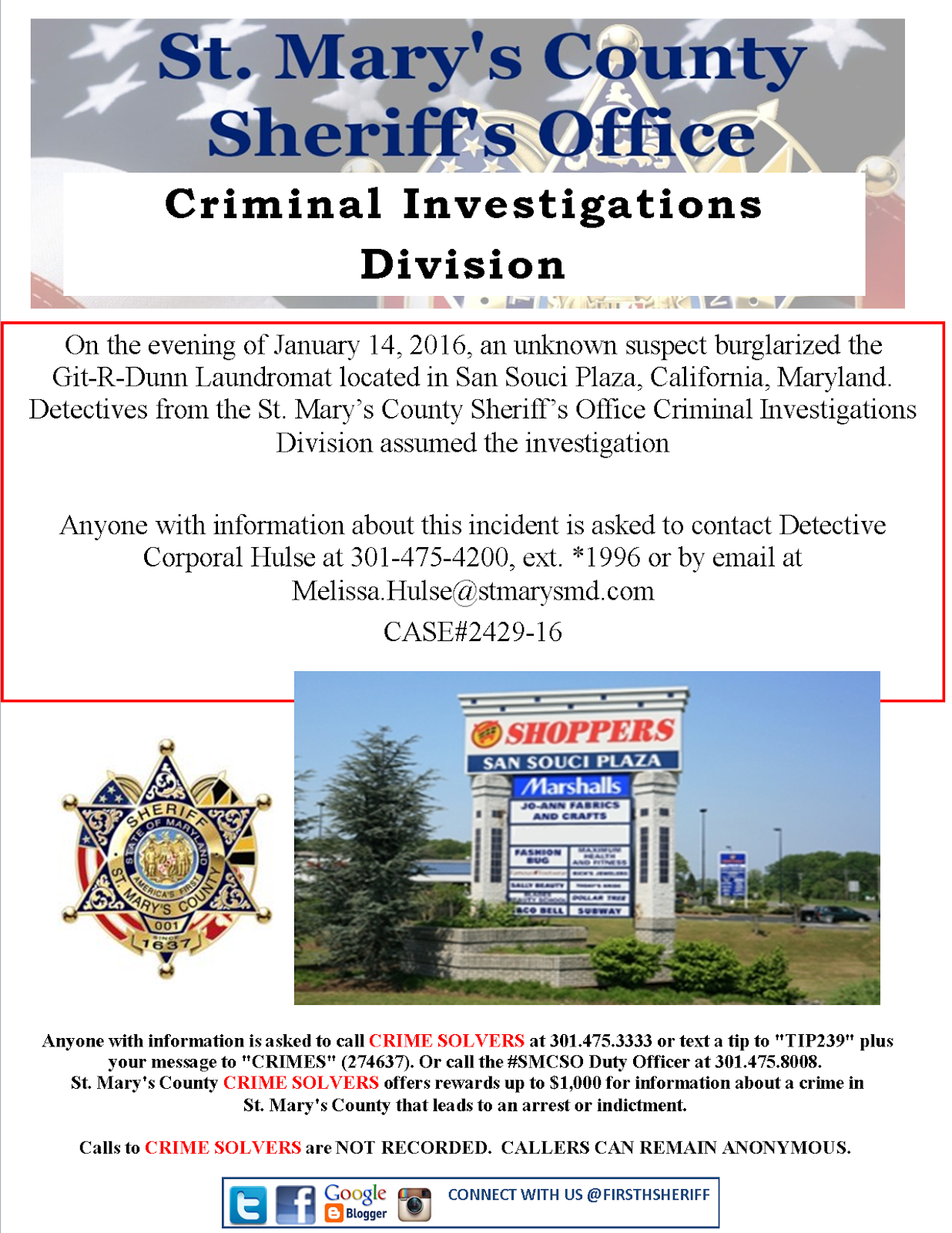 St. Mary's County Sheriff's Office News Burglary to GitRDunn