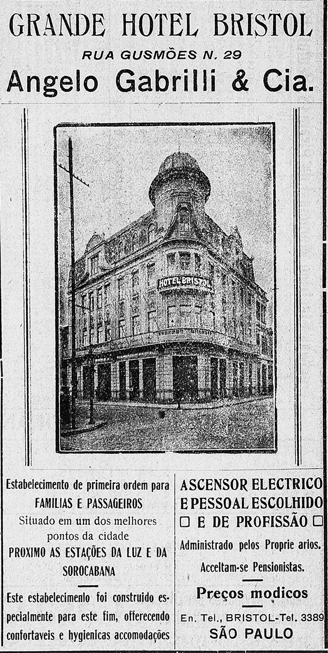 Campanha do Hotel Bristol em 1917 promovendo seus aposentos na cidade de São Paulo