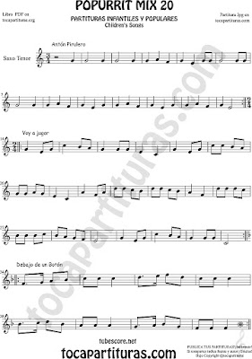 Partitura de Saxo Tenor Popurrí Mix 20 Partituras de Antón Pirulero, Voy a Jugar, Debajo de un Botón Infantil Sheet Music for Tenor Saxophone 