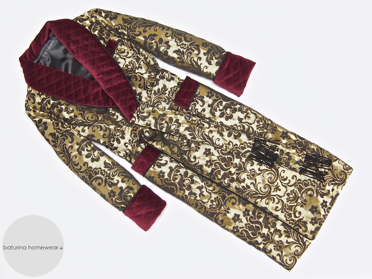 Vintage Gold Satin Robe  Luxurious Brocade Pattern  Smoking Jacket  Size S-M