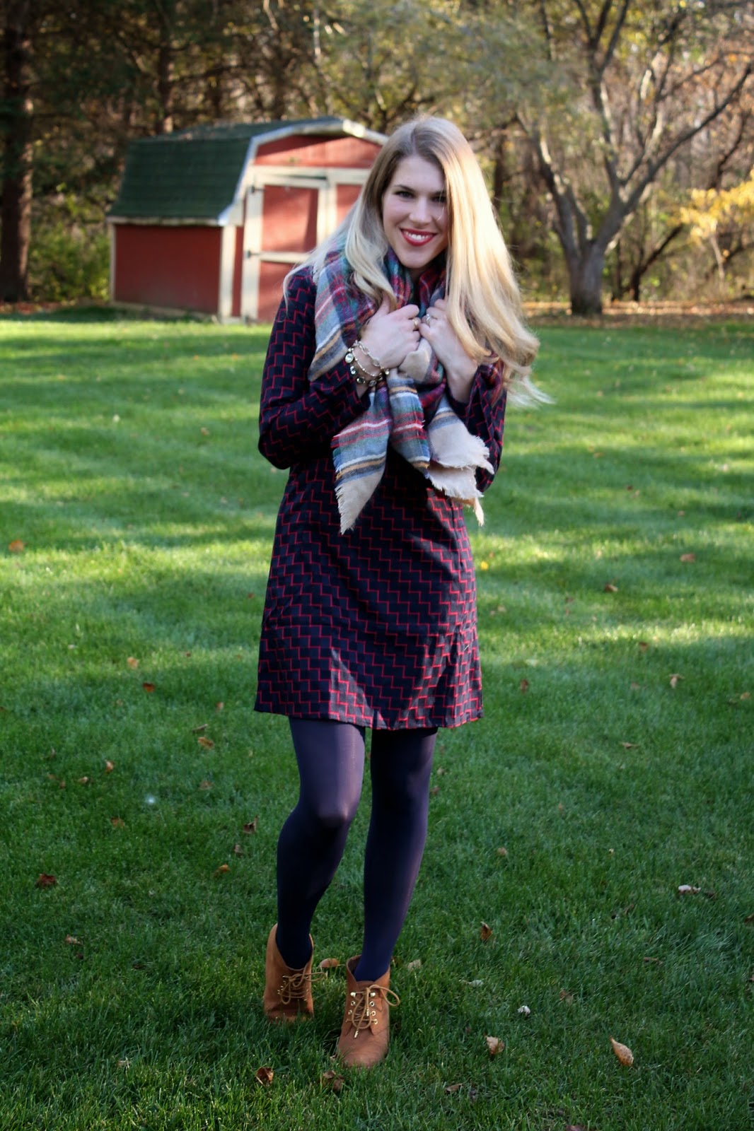 Plaid Dress and Blanket Scarf