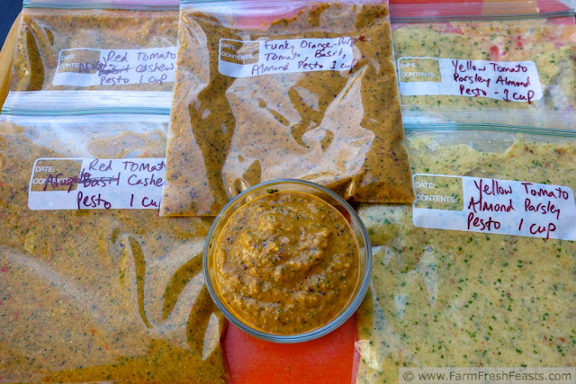 an assortment of freezer bags filled with fresh tomato pesto