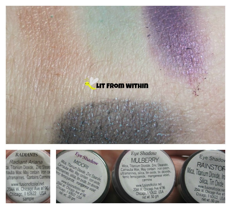 Fusion of Color Radiant Ariana, and eyeshadows in Midori, Mulberry, and Rainstorm.