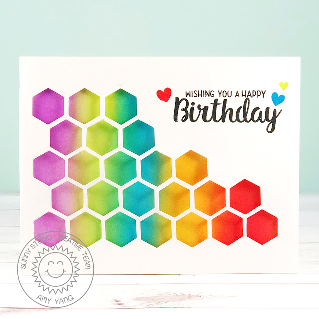 Sunny Studio Stamps: Quilted Hexagons Rainbow Ombre Birthday Cards by Amy Yang