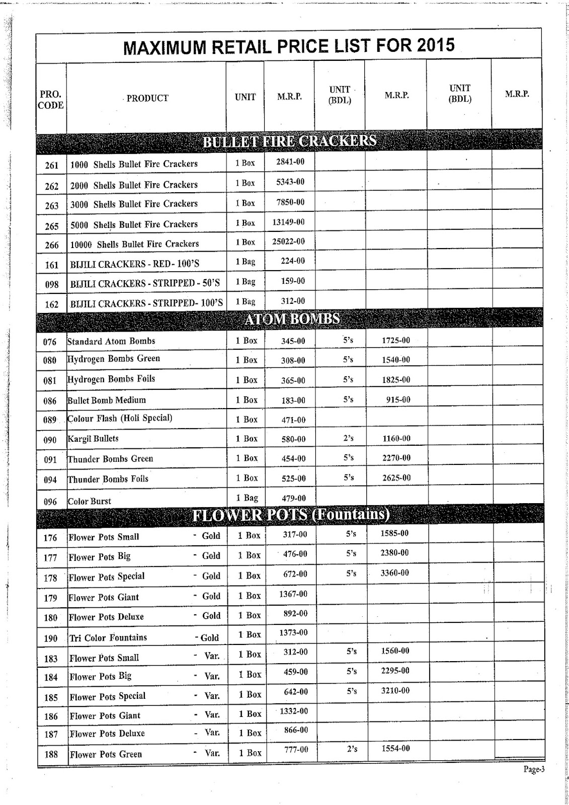SLV TRADERS Original MRP price list of standard fireworks