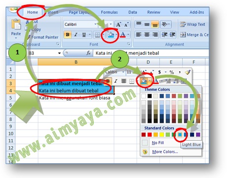 Gambar: Cara Mengatur warna cell (fill color) di Microsoft Excel menggunakan ribbon dan mini toolbar