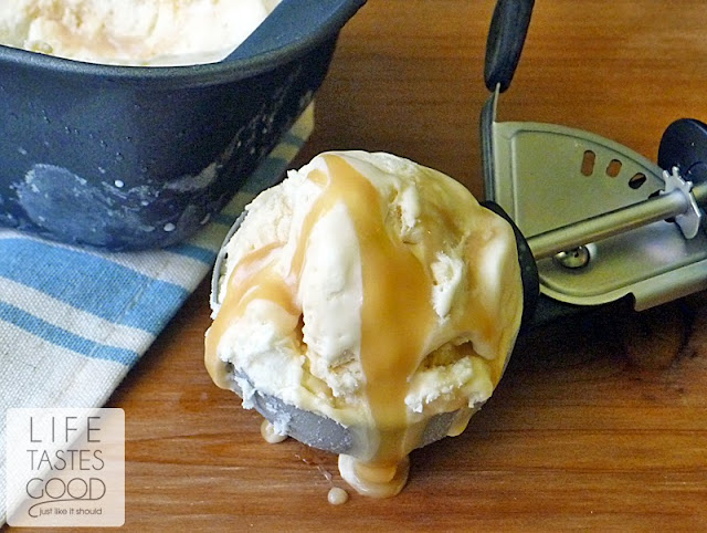 Salted Caramel Ice Cream | by Life Tastes Good is a no churn ice cream you can make in about 5 minutes with just 3 ingredients! #IceCreamWeek #NoChurn