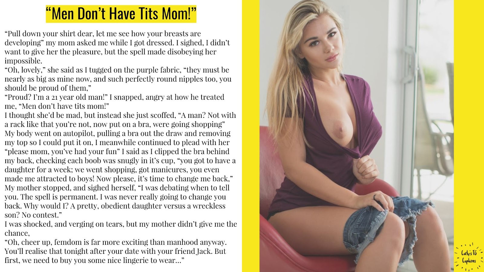 Forced TG Caption: "Men Don't Have Tits Mom! 