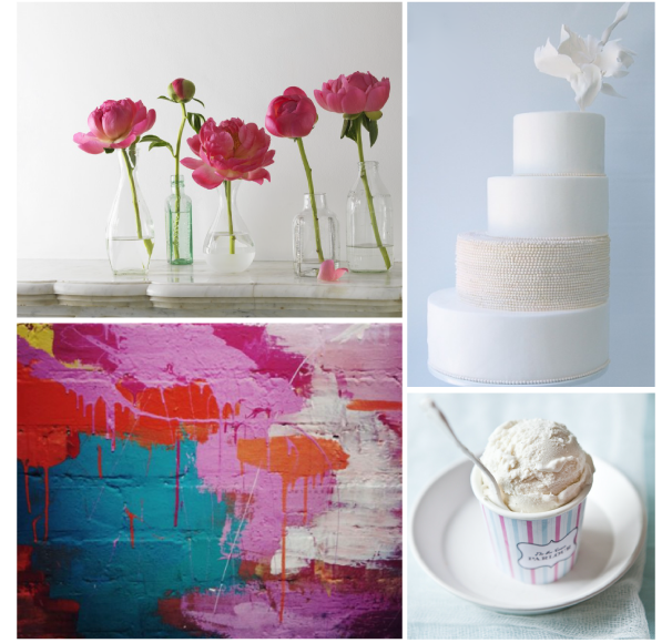 A bright and bold mix of teal and pink coupled with white and bluegray for