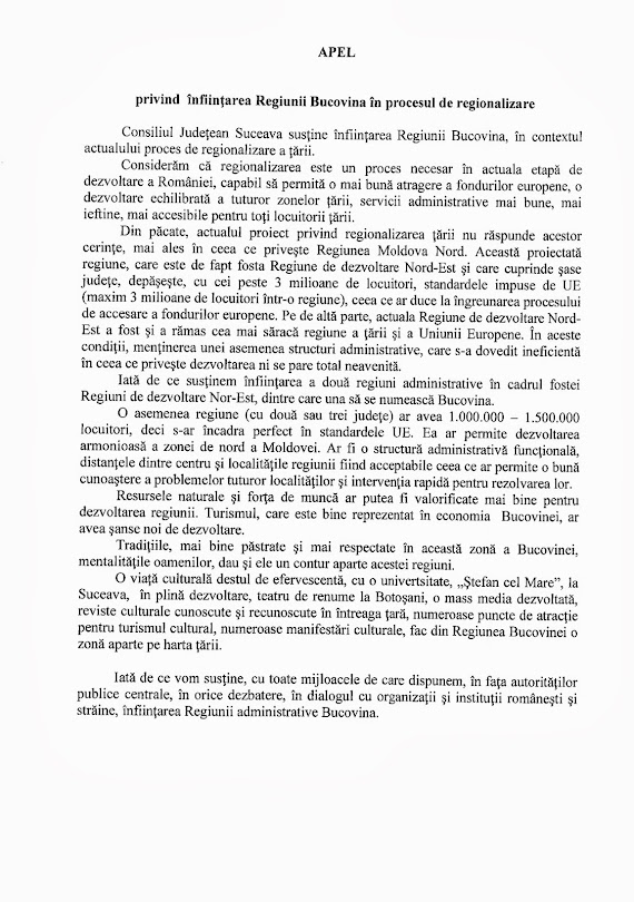 Apel pentru înfiinţarea Regiunii Bucovina - Consiliul Judeţean Suceava