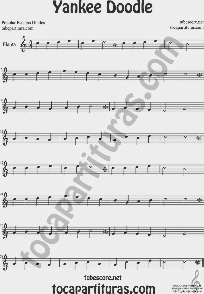  Yankee Doodle Partitura de Flauta Travesera, flauta dulce y flauta de pico Sheet Music for Flute and Recorder Music Scores 